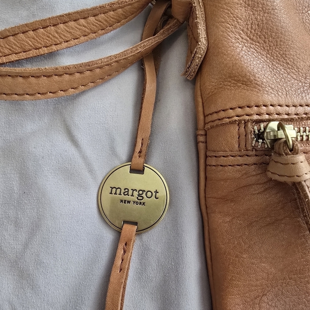 Margot New York Mary Scoop Double Zipper Cognac Brown Leather Shoulder Bag - Picture 2 of 10